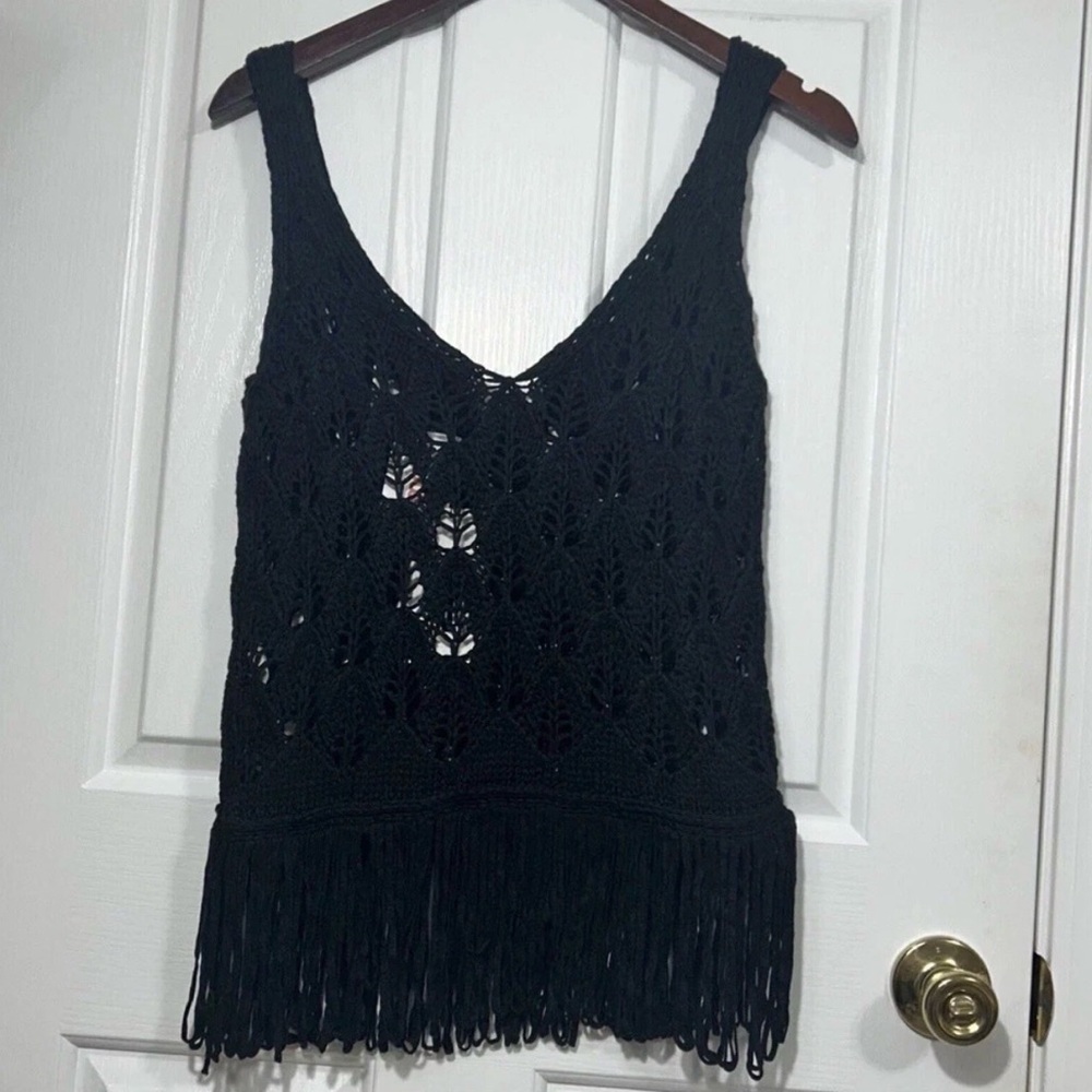 New Zara Boho Open Crochet Fringe Hem Black Festival Top Women's Size Medium - Picture 2 of 7